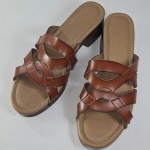 Womens Brown Faux Leather Strappy Block Heel Slides Sandals Size 9